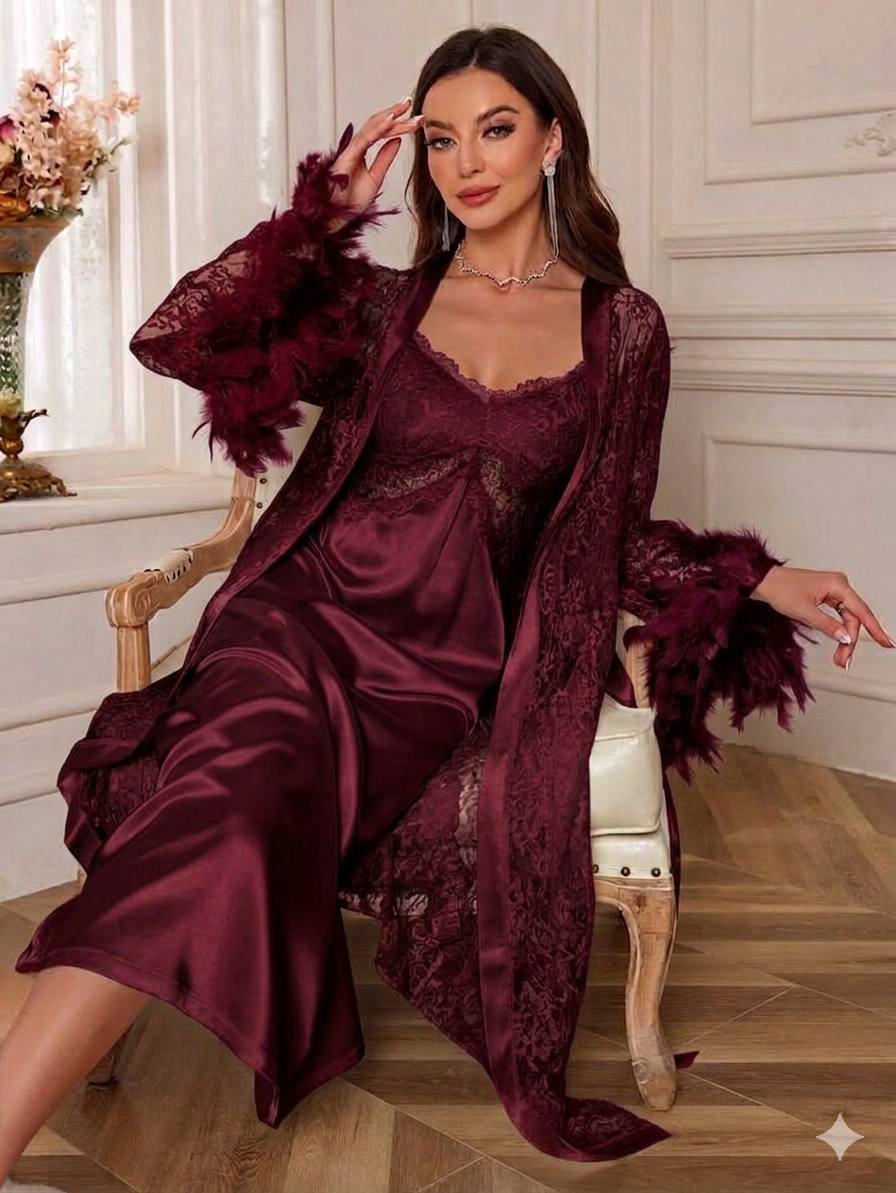Ensemble Nuisette Satin & Kimono en Dentelle à Plumes