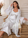 Ensemble Nuisette Satin & Kimono en Dentelle à Plumes