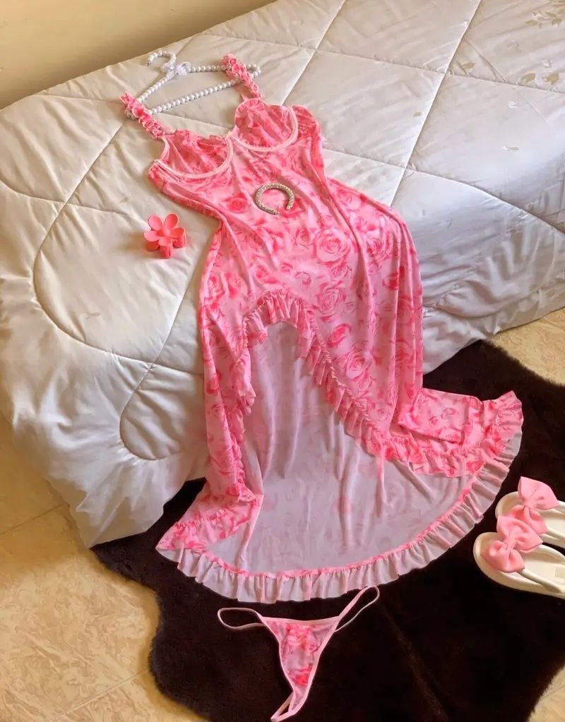 Nuisette Sexy Imprimé Floral avec Fente Cuisse et Dos Nu