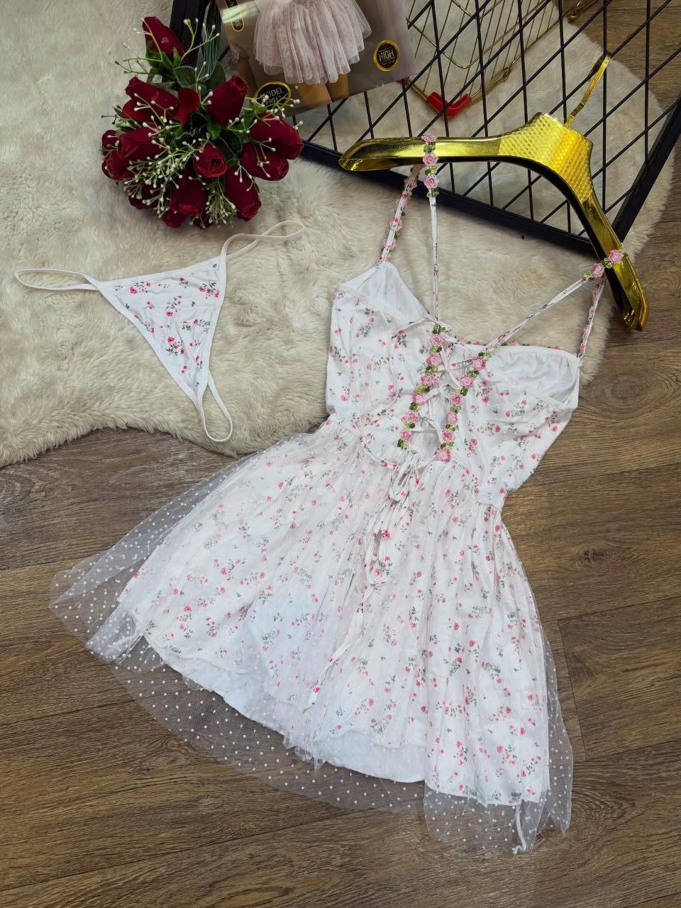 Robe Courte Bustier avec Jupe en Tulle Évasée – Motif Fleuri Rose