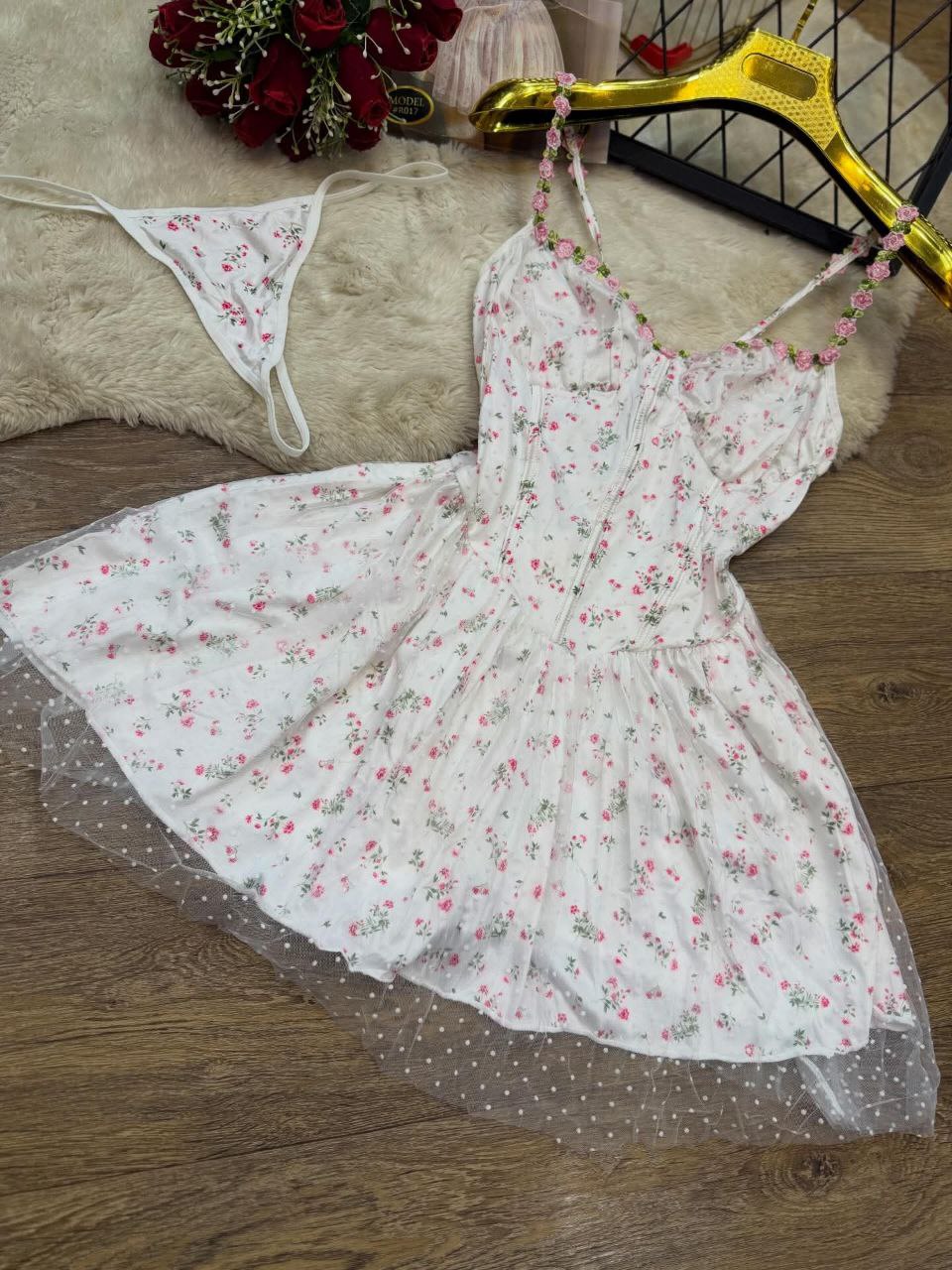 Robe Courte Bustier avec Jupe en Tulle Évasée – Motif Fleuri Rose