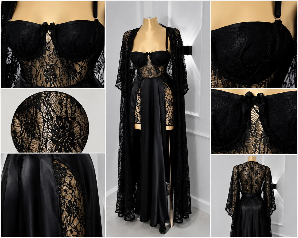 Lingerie noire 3 pièces (kimono,Nuisette,String)