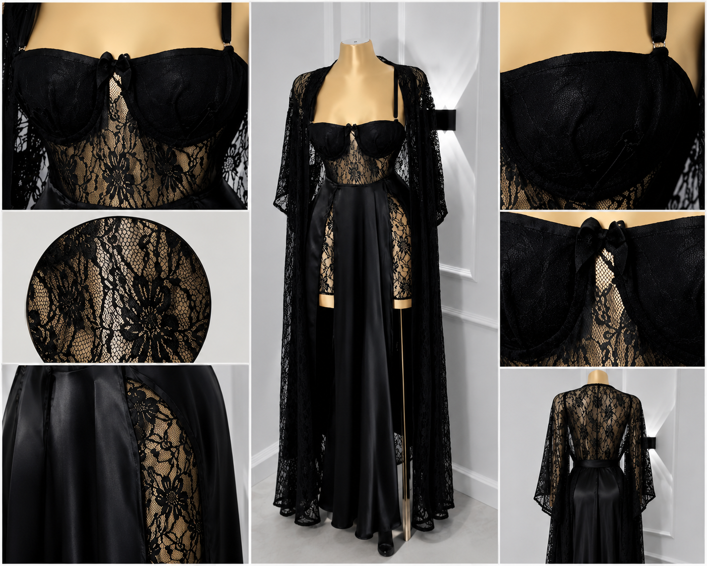 Lingerie noire 3 pièces (kimono,Nuisette,String)