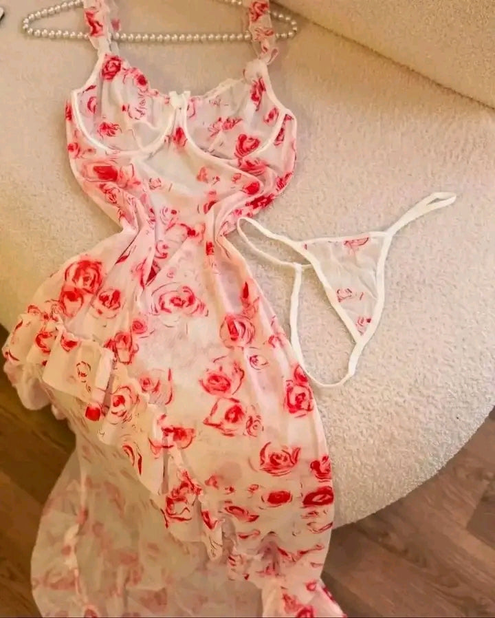 Nuisette Sexy Imprimé Floral avec Fente Cuisse et Dos Nu