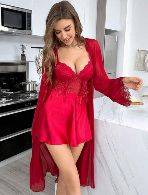 Ensemble Nuisette Corset et Déshabillé Long en Voile – Rouge Passion