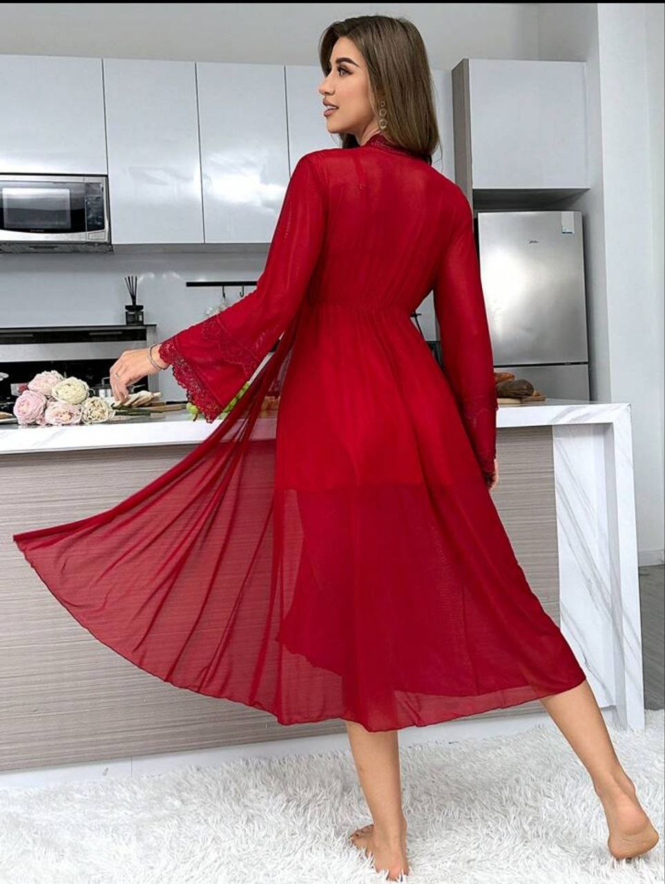 Ensemble Nuisette Corset et Déshabillé Long en Voile – Rouge Passion
